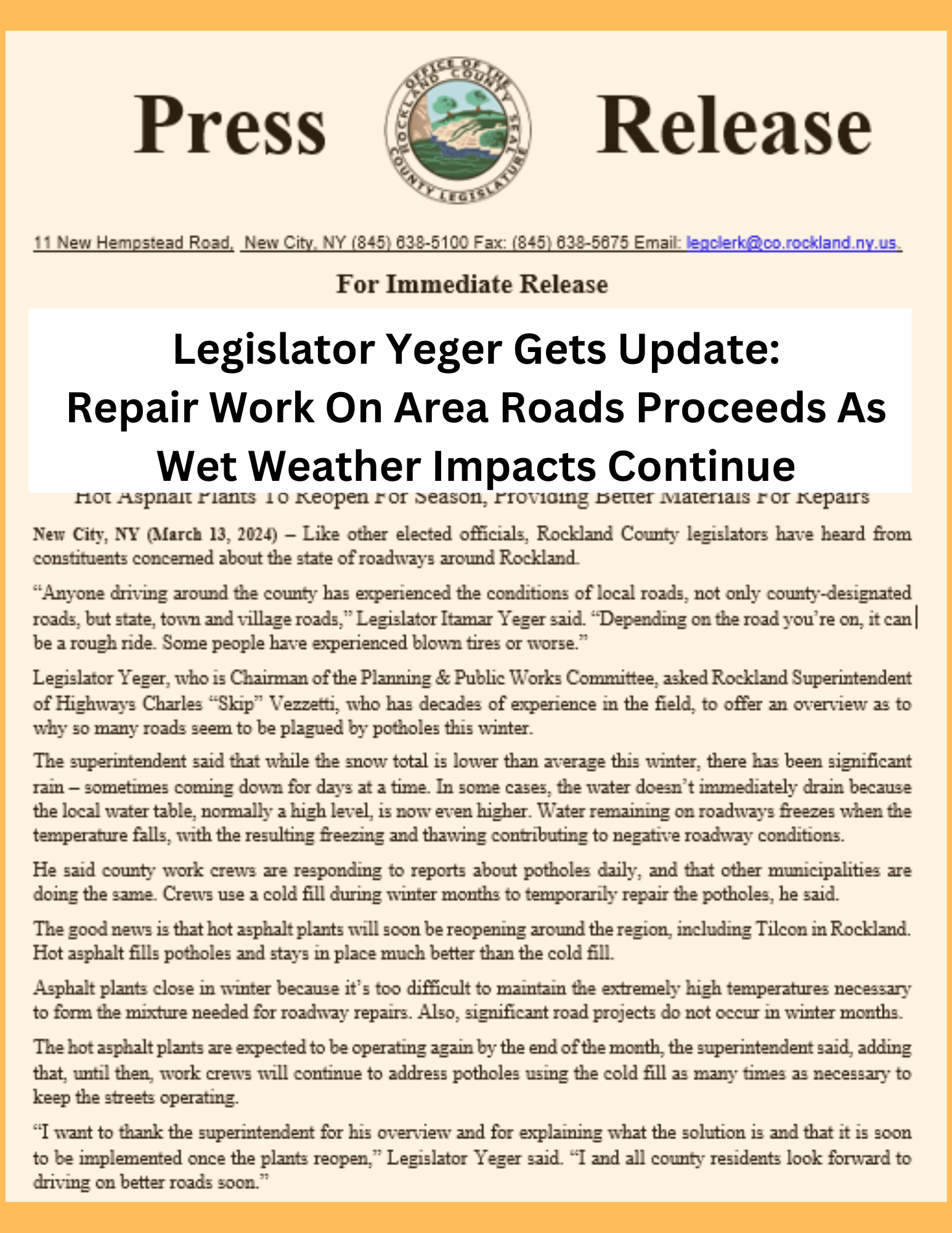 Legislator Yeger Gets Update: Repair Work On Area Roads Proceeds As Wet Weather Impacts Continue