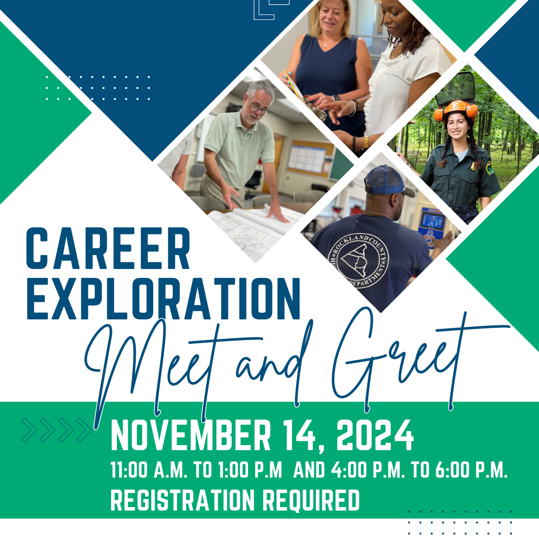 Images of public services workers and information about Career Exploration Meet and Greet November 14, 2024. 11AM-1PM and 4PM-6PM. Registration required.